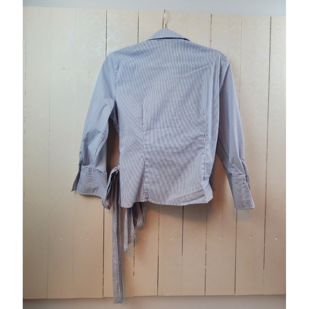 Womens Y2K Pinstripe Wrap Blouse Tie Waist Studio Style 3/4 Sleeve Business Size - Picture 7 of 8